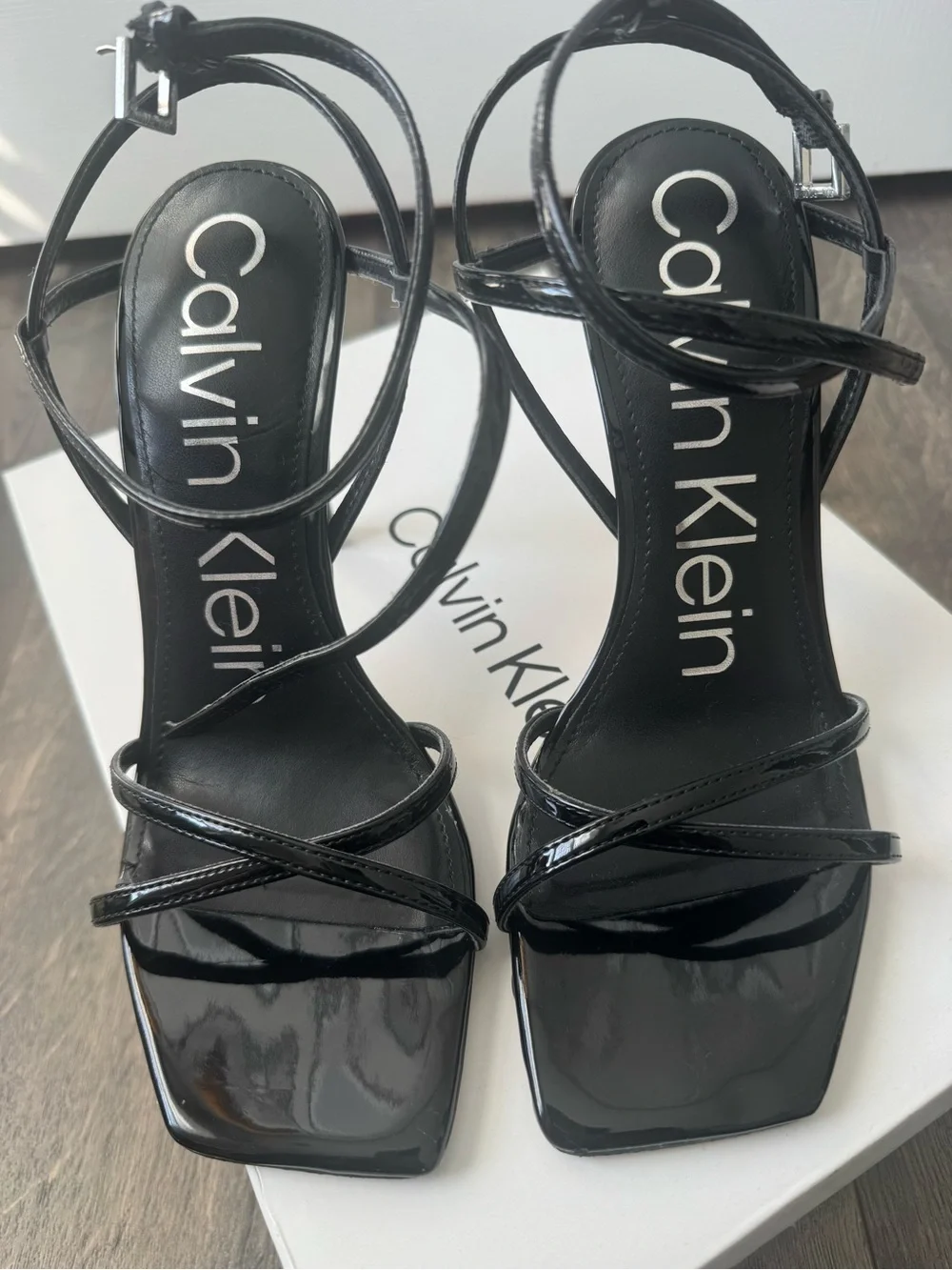 Calvin Klein Black Patent Strappy Square-Toe Heels